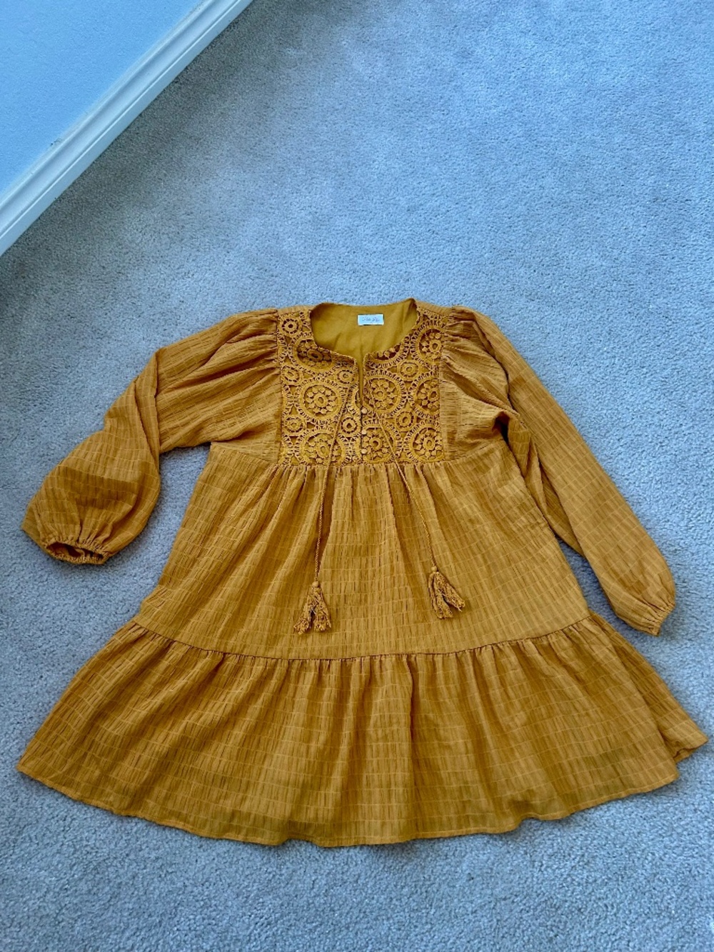 Mustard Boho Peasant Sleeves Babydoll Dress Size Small from Pink Lily